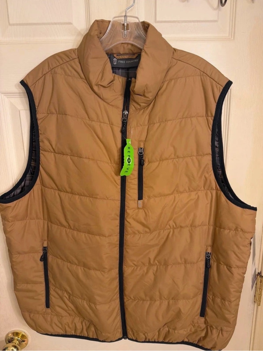 Free Country Men's Camel Quilted Puffer Vest with Black Trim